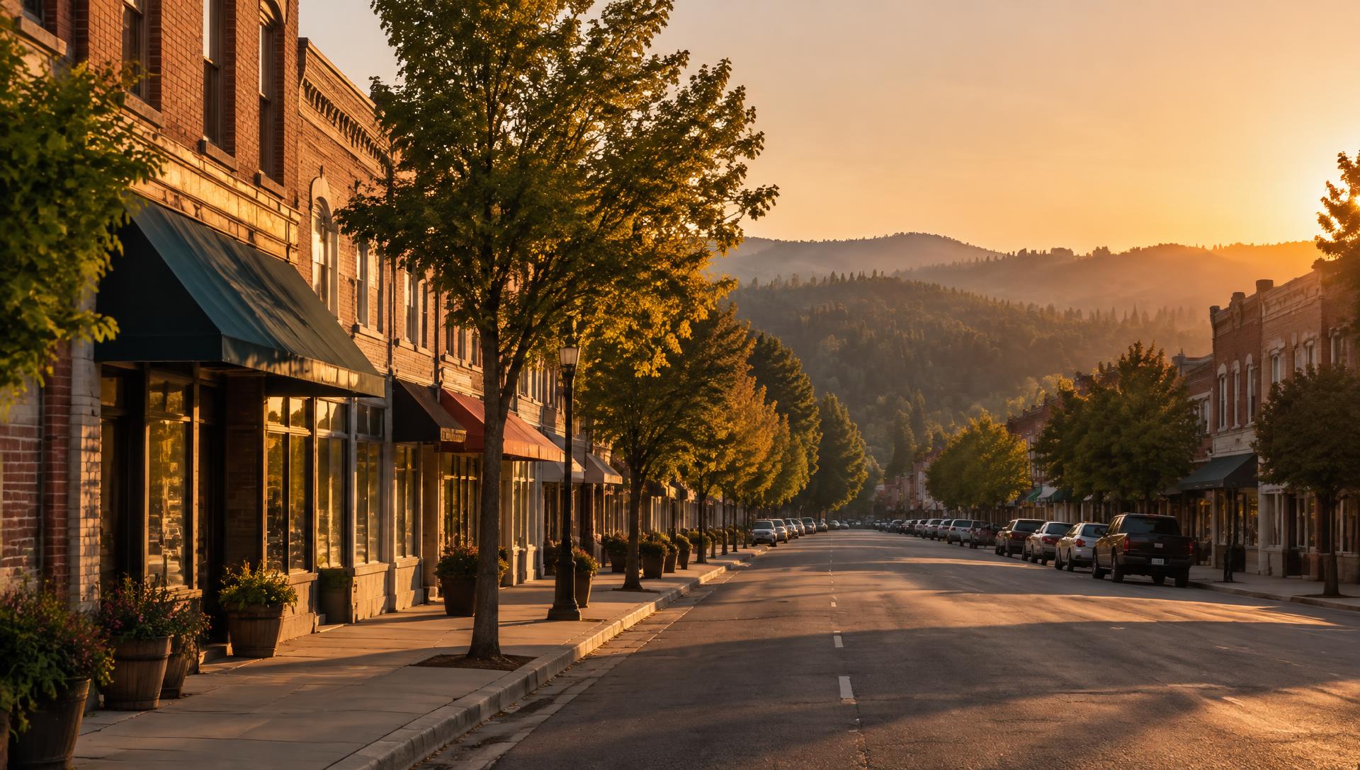 Main Street in a small Napa Valley town at golden hour, with brick storefronts and hills beyond
